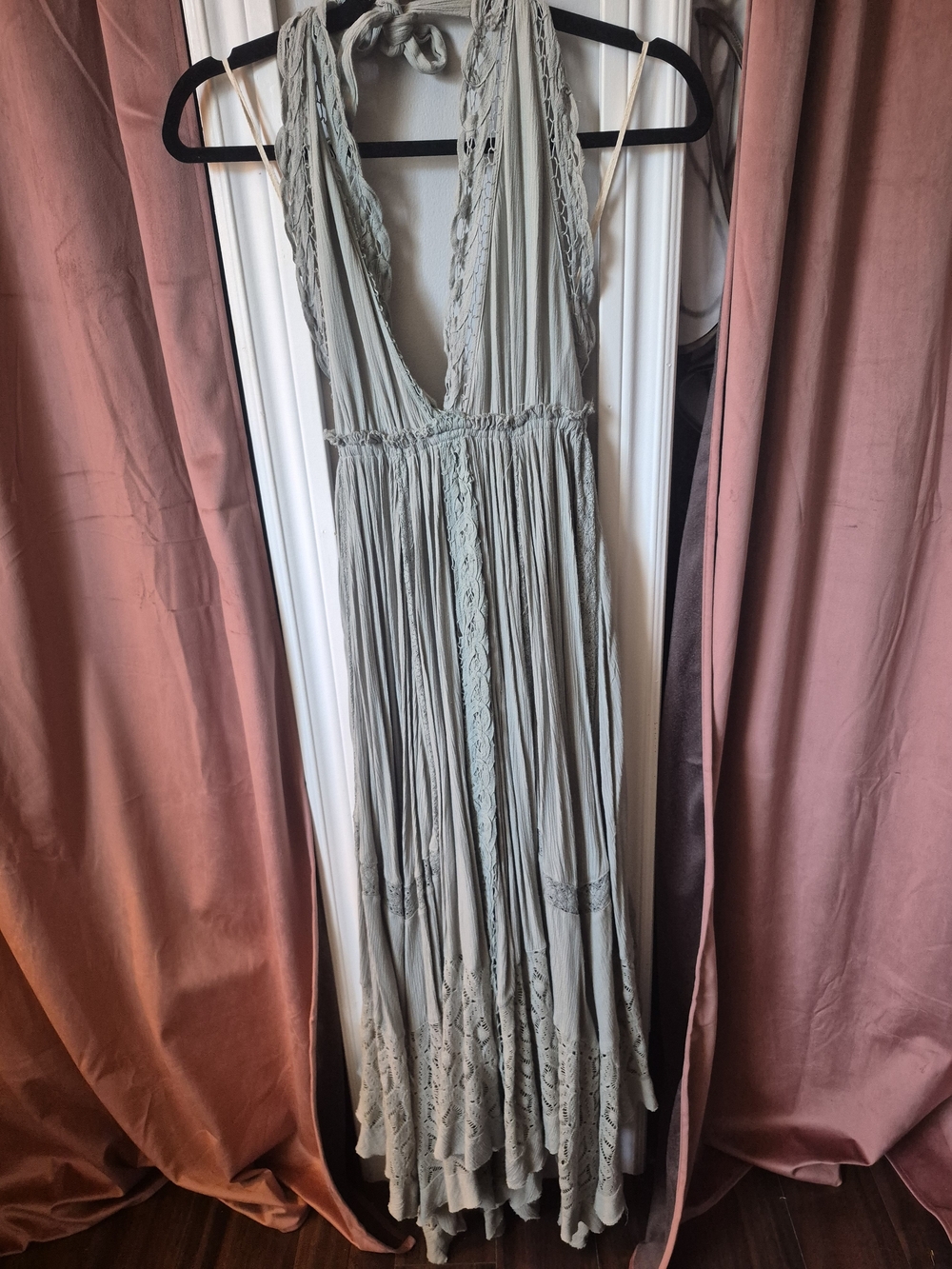 Free People Sage Green Bohemian Maxi Dress with Braided Straps